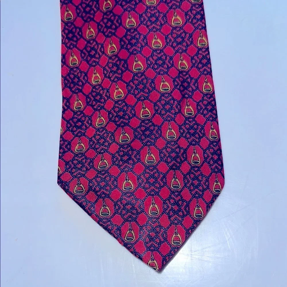 Vtg Setarium Firenze red, navy blue & gold rope & stirrup print Italian silk tie